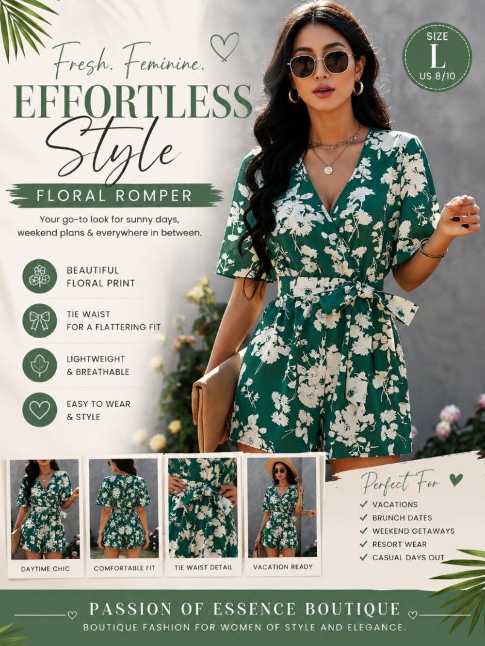 Emerald Green Floral Belted Romper – V-Neck High Waist Vacation Outfit Sizes L–X